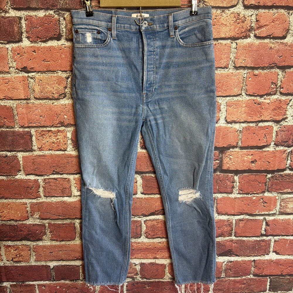 Re/Done Women Blue High Rise Cropped Ankle Straight Jeans Size 32 Distressed